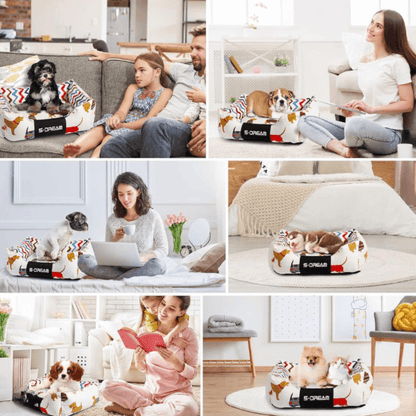 Sofa Dog Bed – Washable, Anti-Chew, Ultra Soft & Detachable Collage of a dog lying on a patterned pet bed in various home settings with people interacting.