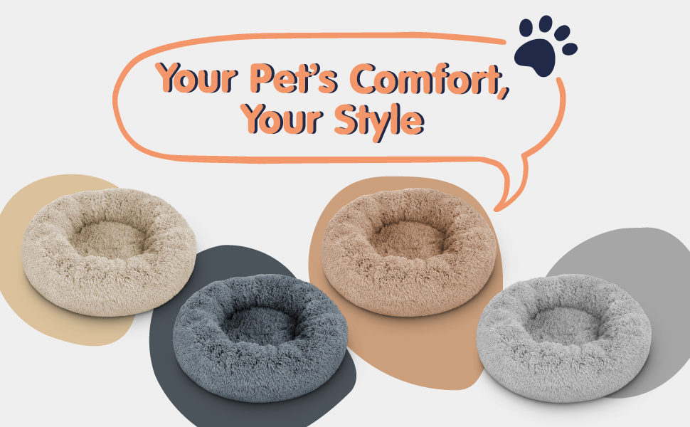 Four pet beds in different colors with a speech bubble saying 'Your Pet's Comfort, Your Style' on a light gray background.  joypup store dog bed