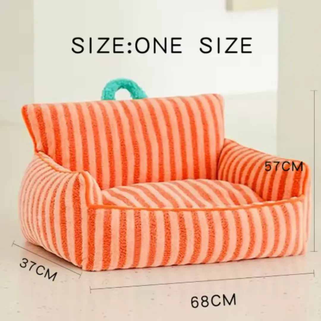 Orange and white striped pet bed with dimensions on a light 
JoyPup Universal Sofa-Style Pet Bed – Soft Velvet, Cozy & Detachable,background