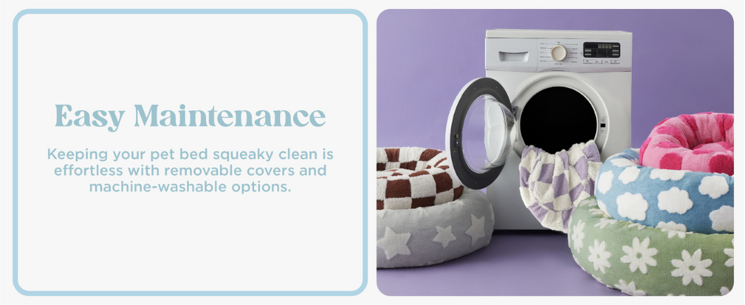 Pet donut dog beds with removable covers and a washing machine on a purple background, emphasizing ease of maintenance.