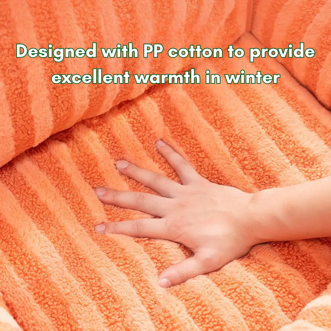 Orange textured fabric with a hand placed on it, text indicating PP cotton warmth.
JoyPup Universal Sofa-Style Pet Bed – Soft Velvet, Cozy & Detachable,