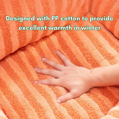 Orange textured fabric with a hand placed on it, text indicating PP cotton warmth.
JoyPup Universal Sofa-Style Pet Bed – Soft Velvet, Cozy & Detachable,