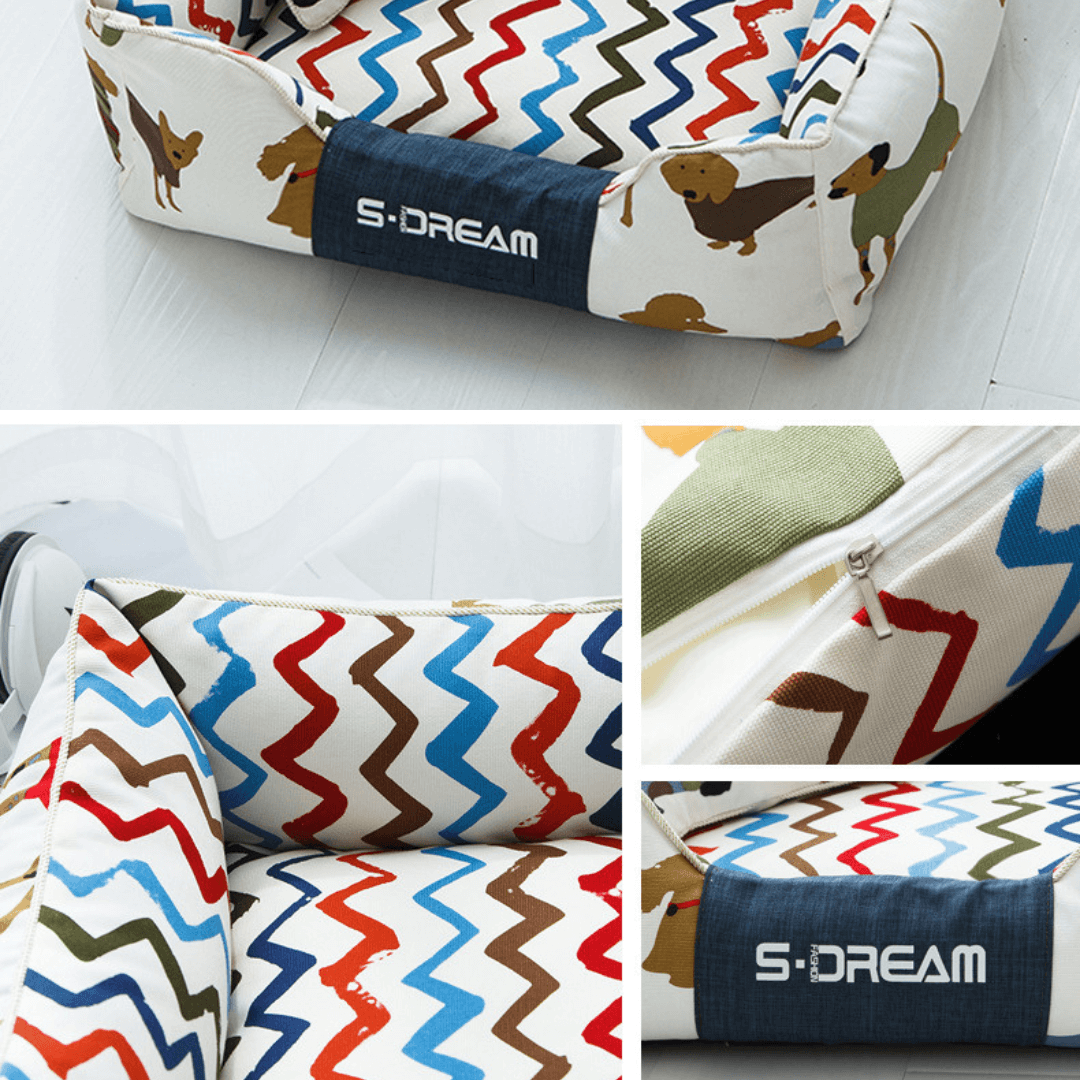 Sofa Dog Bed – Washable, Anti-Chew, Ultra Soft & Detachable Dog bed with colorful zigzag pattern and 'S-Dream' branding on a white surface.