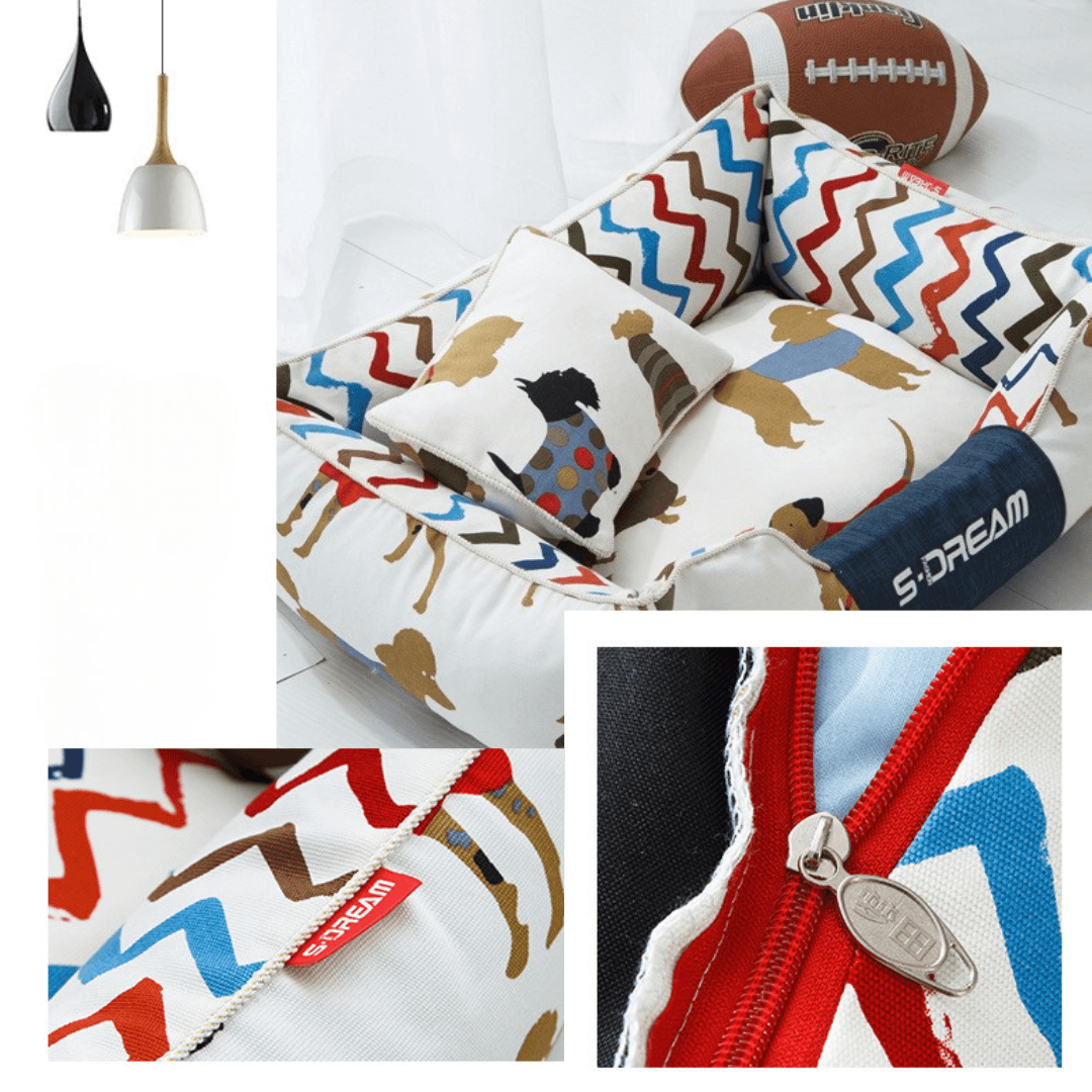 Sofa Dog Bed – Washable, Anti-Chew, Ultra Soft & Detachable Collage of pillows with colorful zigzag patterns and a football in the background.