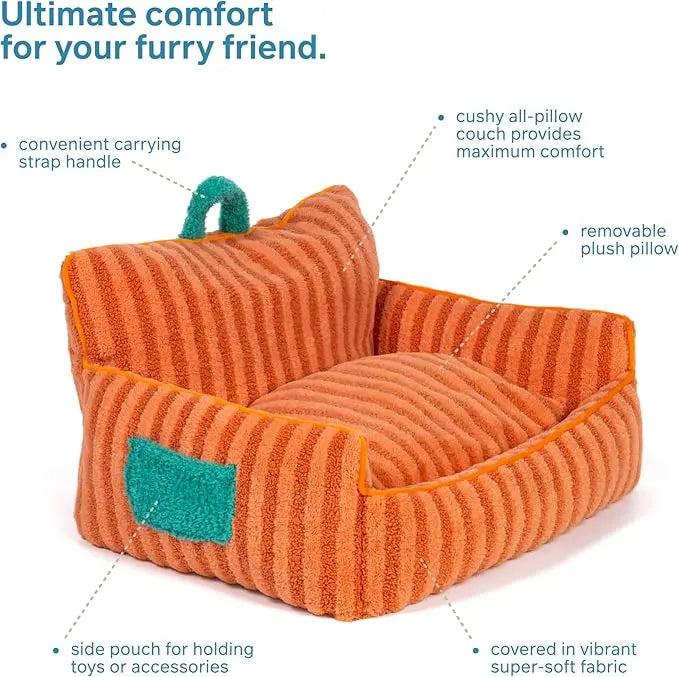 Orange pet couch with features highlighted on a white background
JoyPup Universal Sofa-Style Pet Bed – Soft Velvet, Cozy & Detachable,
