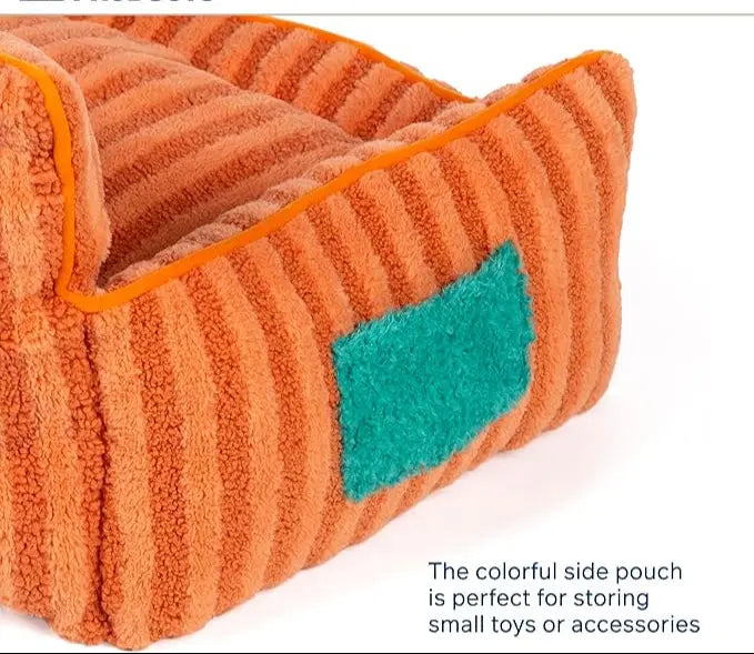 Orange textured pet bed with a green patch
JoyPup Universal Sofa-Style Pet Bed – Soft Velvet, Cozy & Detachable,