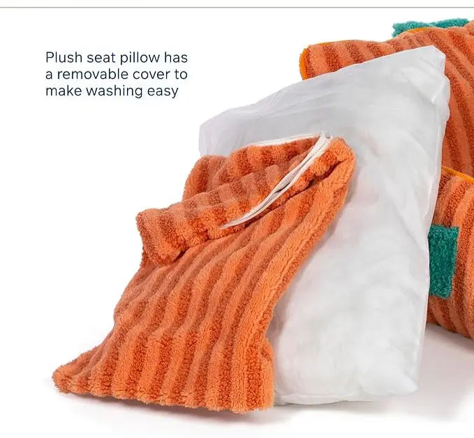 Orange plush seat pillow with a white interior and text about removable cover for easy washing, branded as Prevue Pet Products.
JoyPup Universal Sofa-Style Pet Bed – Soft Velvet, Cozy & Detachable,