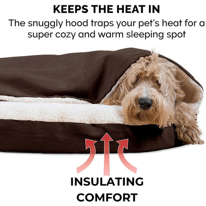 Calming Ultimate Anti-Anxiety Dog Bed Dog lying on a brown and white insulated pet bed with text explaining its insulating comfort feature.