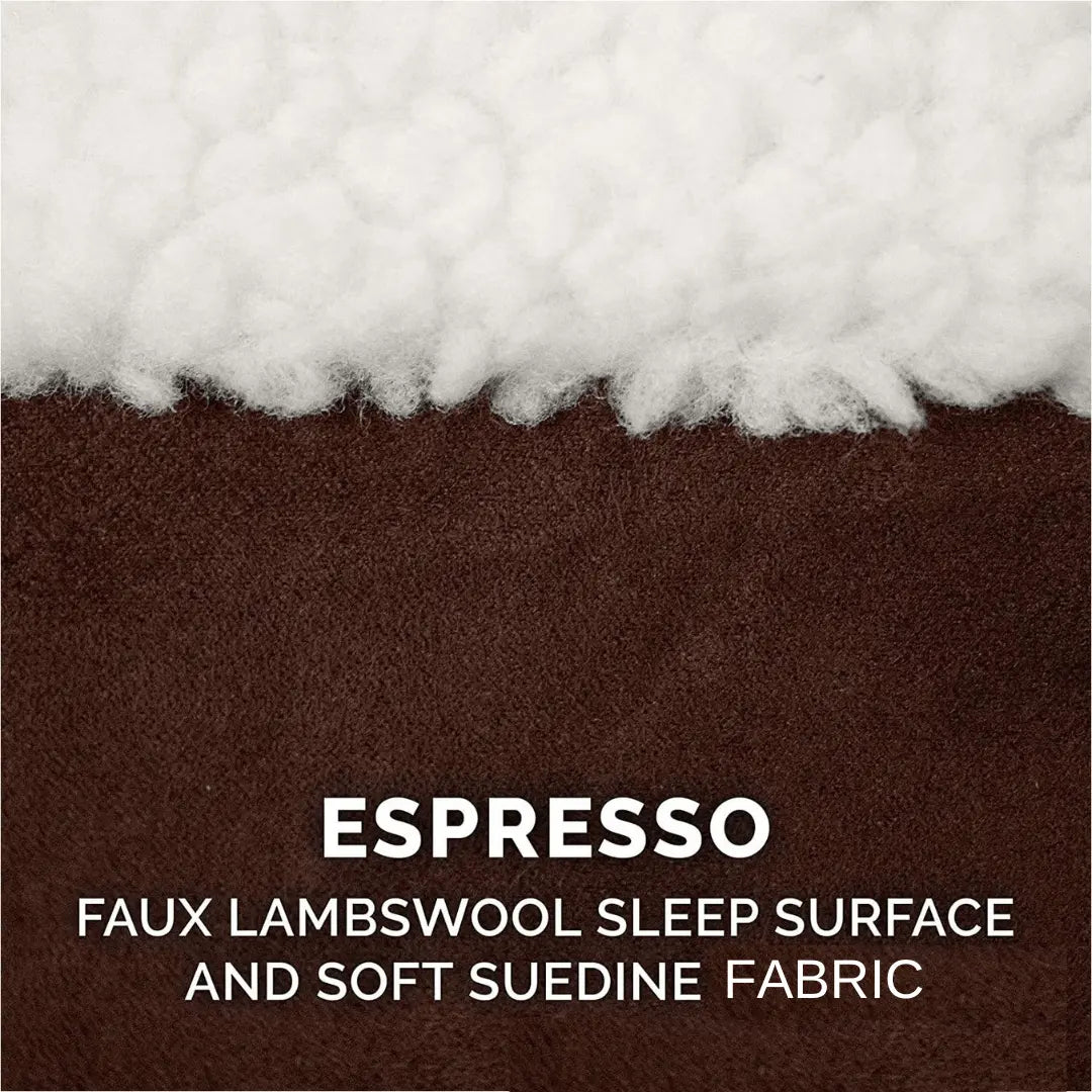Calming Ultimate Anti-Anxiety Dog Bed Close-up of espresso-colored faux lambswool sleep surface with white fur on top