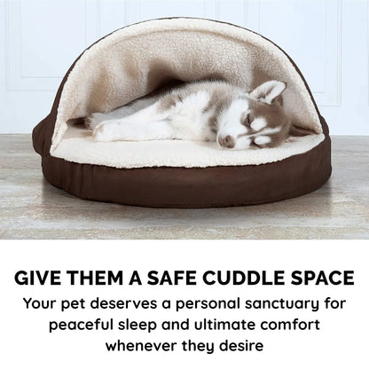  Calming Ultimate Anti-Anxiety Dog Bed Dog lying in a cozy pet bed with text about providing a safe cuddle space for pets.