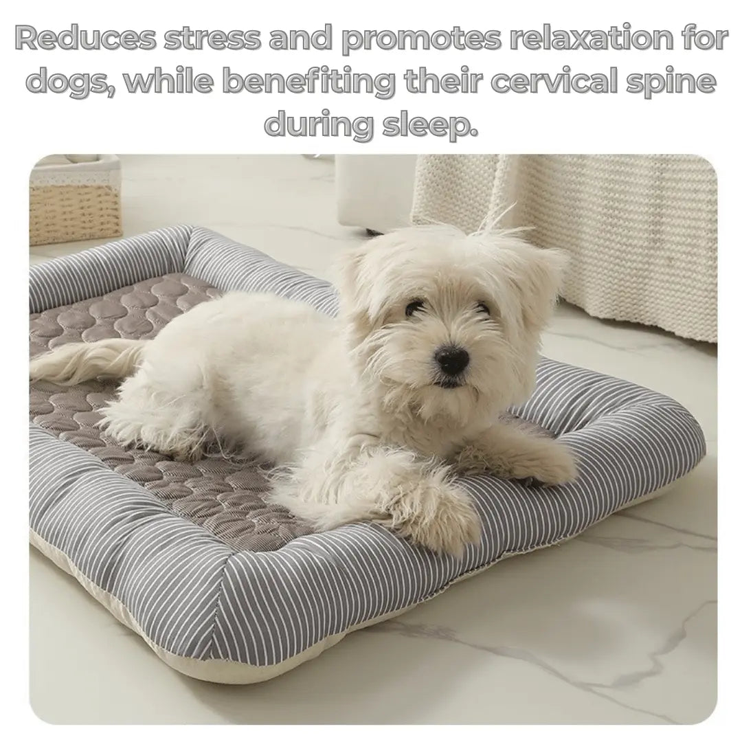 Cooling Dog Bed Dog lying on a striped cooling pet bed with text about stress reduction and cervical spine benefits.