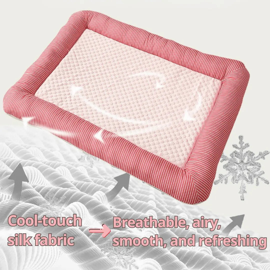 Cooling Dog Bed Pink cooling pet bed with text highlighting features on a gray background