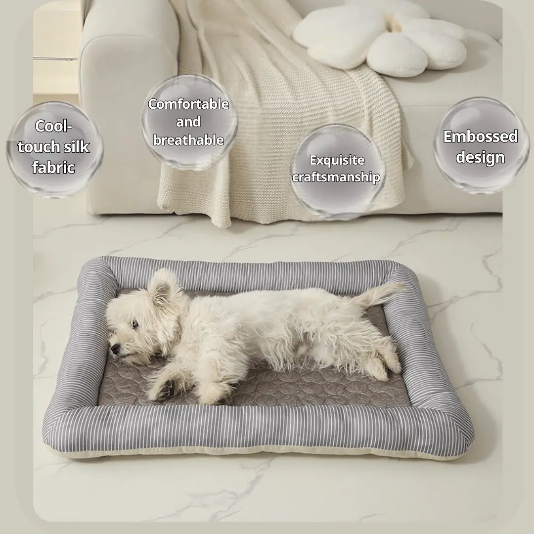 Cooling Dog Bed Dog lying on a gray cooling pet bed with text labels describing features.