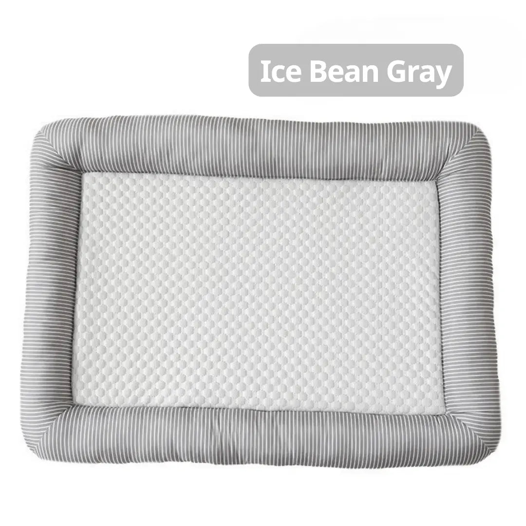 Cooling Dog Bed Gray quilted baby crib mattress on a white background with 'Ice Bean Gray' label.