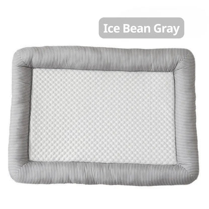Cooling Dog Bed Gray quilted baby crib mattress on a white background with 'Ice Bean Gray' label.