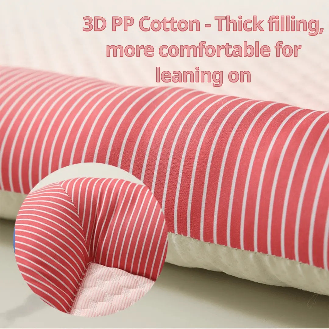  Cooling Dog Bed Red and white striped neck pillow on a beige surface with text about 3D PP Cotton.