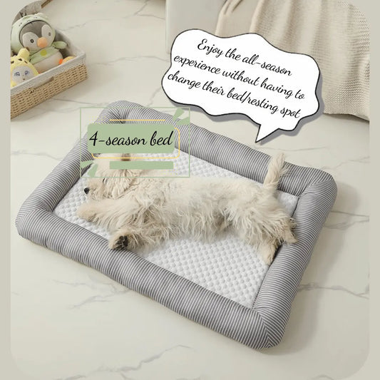  Cooling Dog Bed Dog lying on a 4-season cooling pet bed with text overlay on a light background