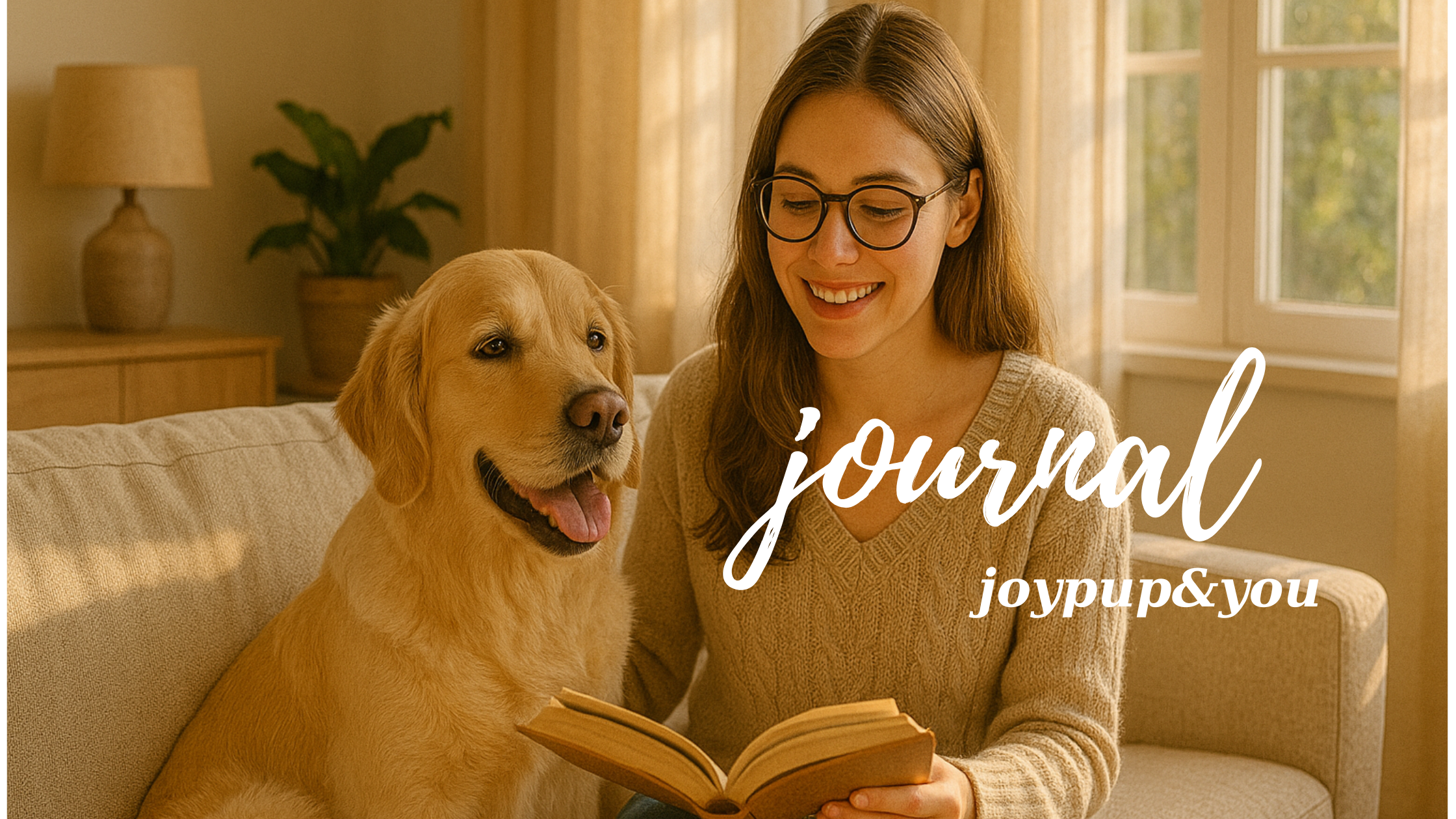 Woman reading a book with a dog on a couch in a cozy living room.