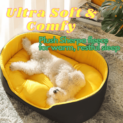 PetNet All - Season Ultra - Soft Dog BedDog lying on a yellow and black pet bed with text about plush Sherpa fleece.Joypup