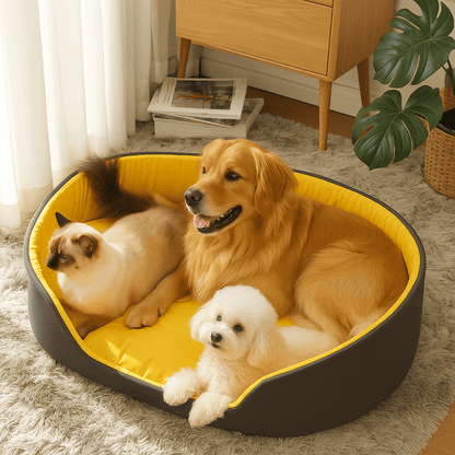 PetNet All - Season Ultra - Soft Dog BedThree dogs in a heart - shaped yellow and black pet bed in a cozy room.Joypup