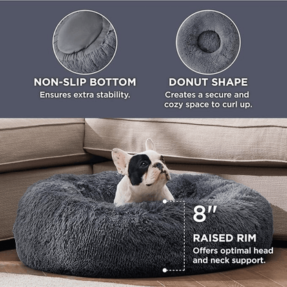 Soft Donut Cuddler Pet Bed - Ultimate Anti-AnxietyDog bed with features highlighted on a dark backgroundJoypup