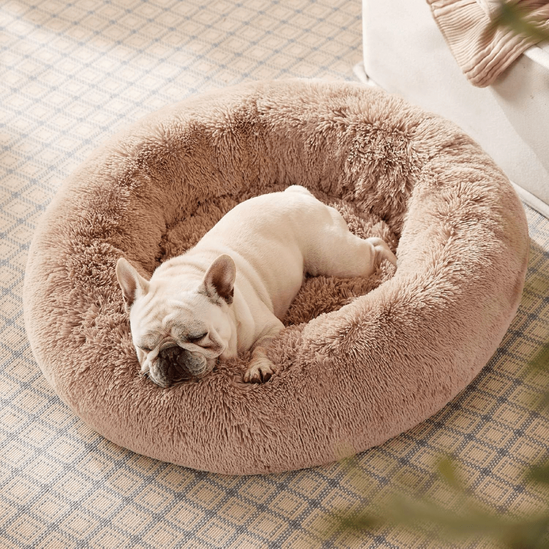 Soft Donut Cuddler Pet Bed - Ultimate Anti-AnxietyDog sleeping on a fluffy pink donut bed in a home settingJoypup