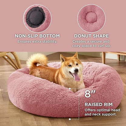 Pink donut-shaped dog bed with a Shiba Inu dog on it, featuring text about its features.