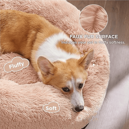 Dog lying on a fluffy pink cushion with close-up of fur texture and text highlighting the product's features.